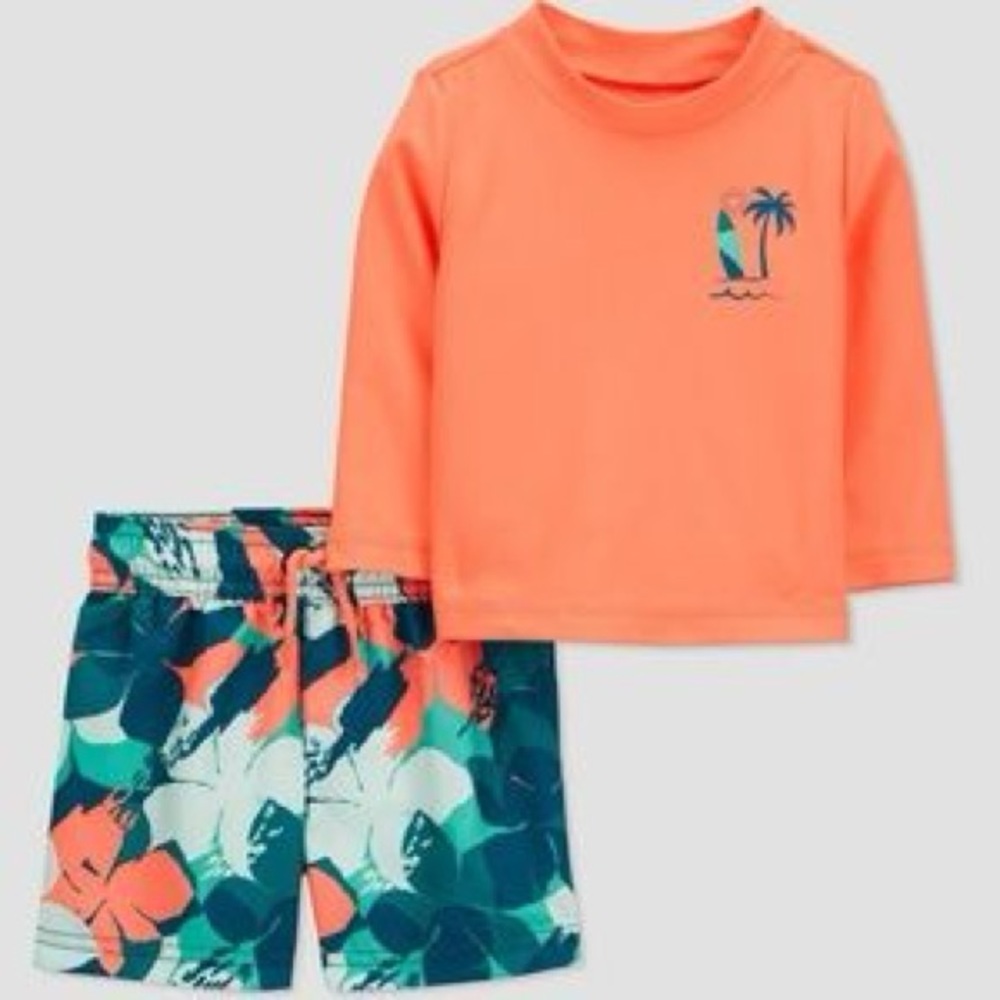 Cat and Jack swim set rash guard swim shorts neon orange and tropical floral 18M